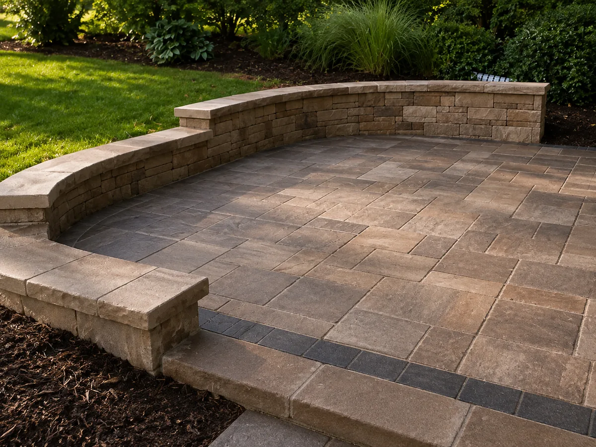 Raised paver patio with a curved stone seat wall and a dark contrasting accent band