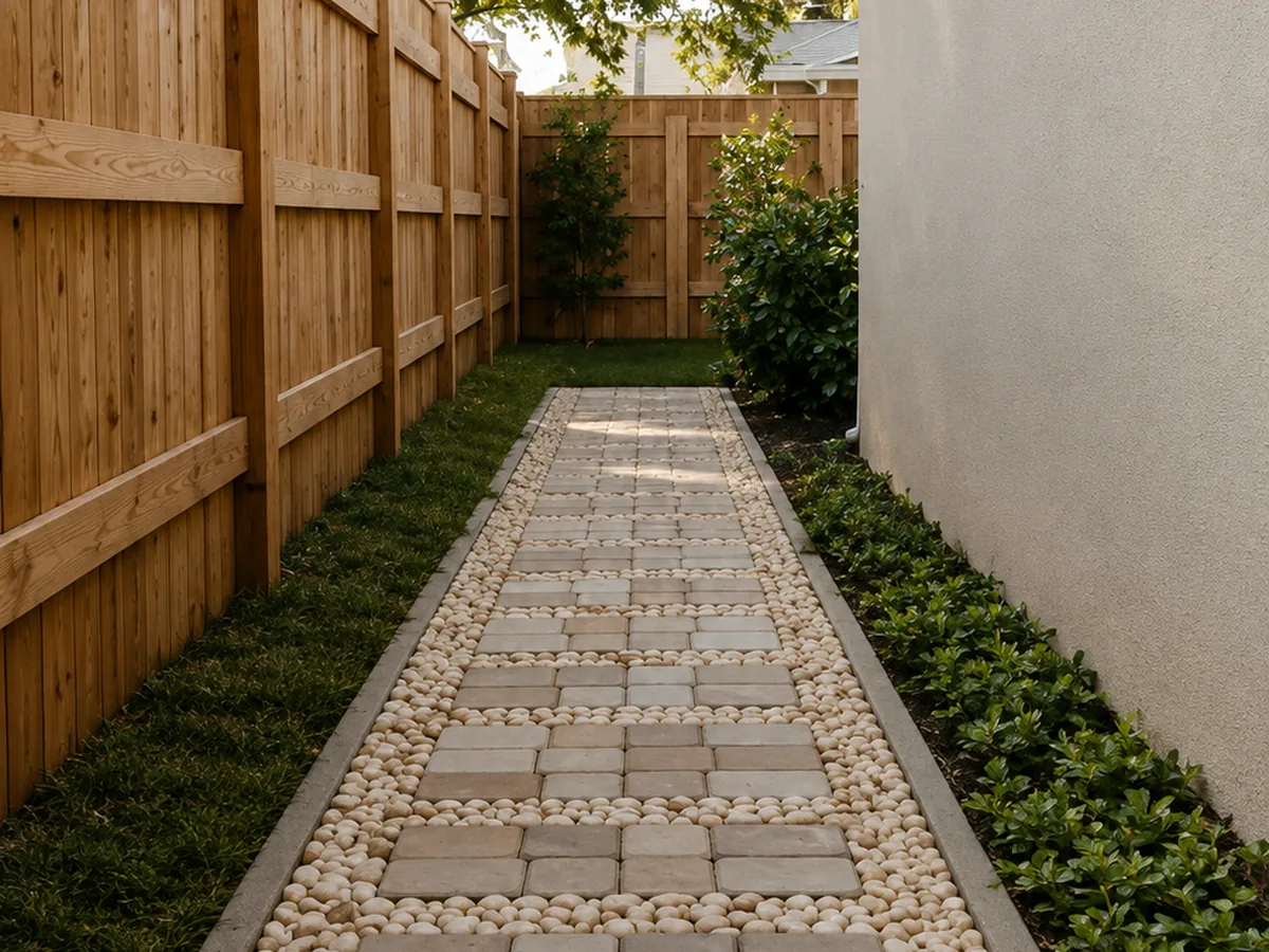 Cream paver path in a white cobble margin running between a fence and a house wall